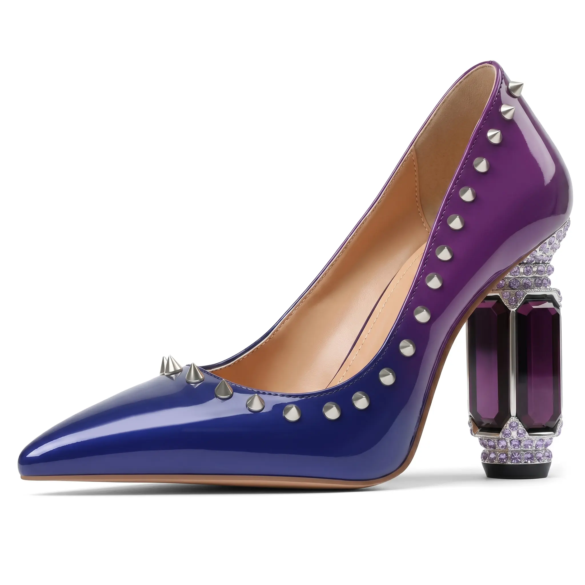 Custom Made Women's Purple Patent Leather Rivet Heels with Crystal Block Heel Pointed Toe Gothic Punk Pumps for Formal Occasions and Night Outfits
