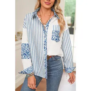 Sky Blue Leopard Striped Patchwork Button-up Shirt Shacket