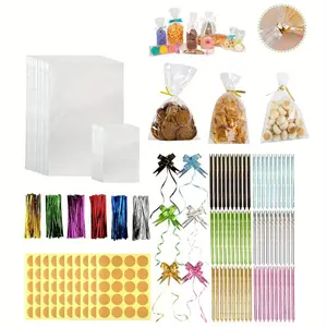 1Set 30x20/10x15cm Transparent Cellophane Bags Kit, Includes 200pcs Clear Bags with 200pcs Metal Ribbons, 60pcs Tie Flowers and 200pcs Label Stickers Perfect for Biscuits, Sweets, Chocolate, Marshmallows, Snacks