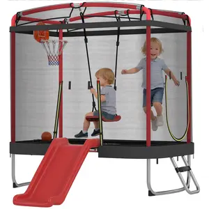 Qaba 4 x 6FT Trampoline for Kids, Indoor & Outdoor Toddler Trampoline with Slide, Swing, Basketball Hoop, Ladder and Safety Enclosure, Red