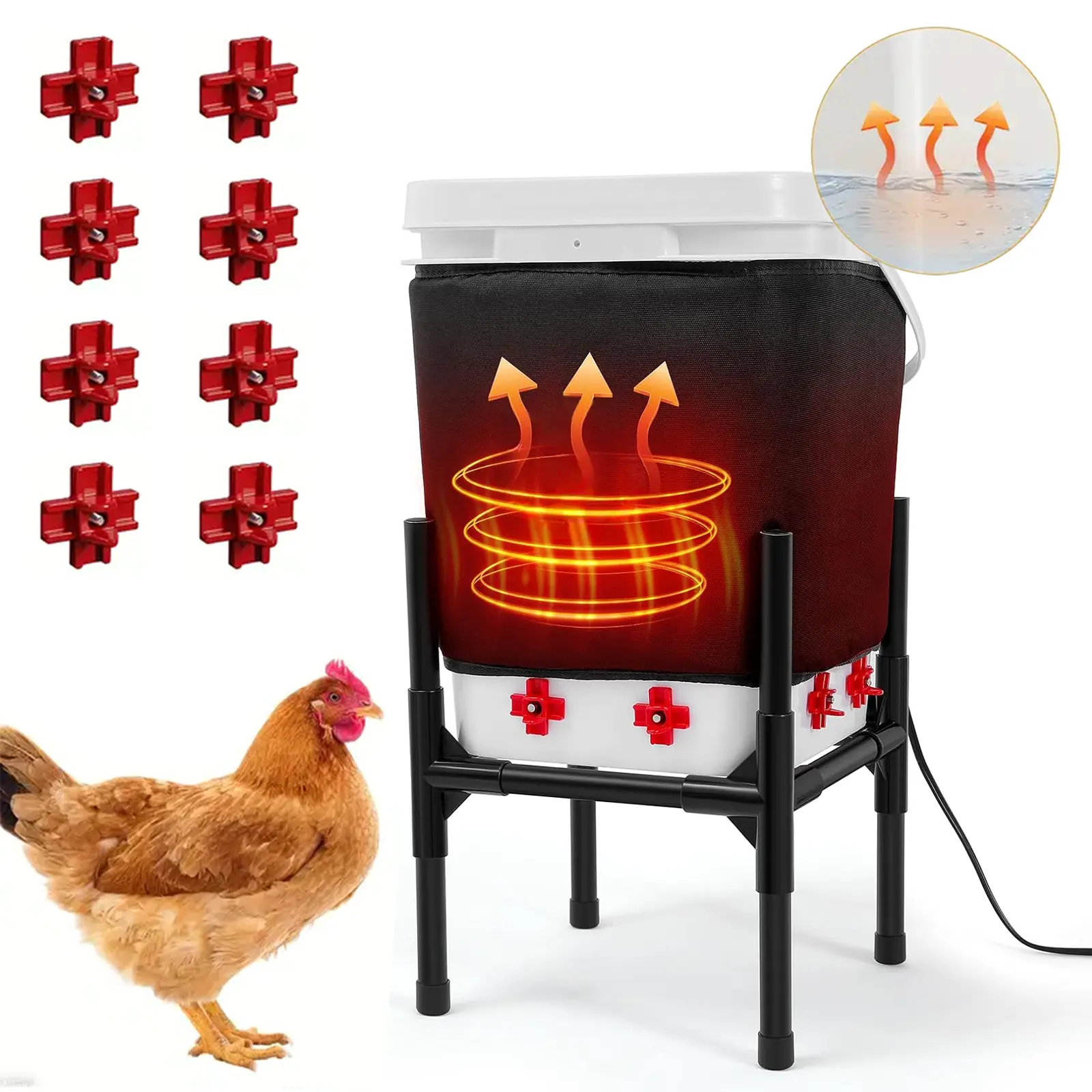 Heated Chicken Waterer 5.28 Gallon 8 Drinking Nipples Anti Freeze Thermostatic Feeder for Livestock Farm Coop