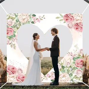 2D Flat Banner 1pc, a Wedding Decoration Banner Measuring Featuring a Pink Floral Design Suitable for Wedding Receptions. The Banner Can Be with Heart-Shaped Fabric for Wedding Games And Is Made from It Also I, Floral Design, Flower Decoration