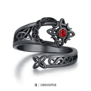 DRINSPER Hecate Witch's Knot Adjustable Ring for Women, Dark Silver Plated Copper with Red Cubic Zirconia, Witches Knot Celtic Witchy Style Fashion Jewelry, Trending Gift for Women, Pendant Necklace Inspired Open Band Protection Design, Adjustable Fitted