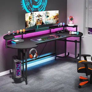 Tribesigns 75 Inch Gaming Desk with with LED Strip Lights, Large PC Computer Desk with Monitor Shelf, Gaming Table Gamer Desk for Bedroom, Home Office,eSports Gaming Setup, and Streaming Studio,Multi-Function Design