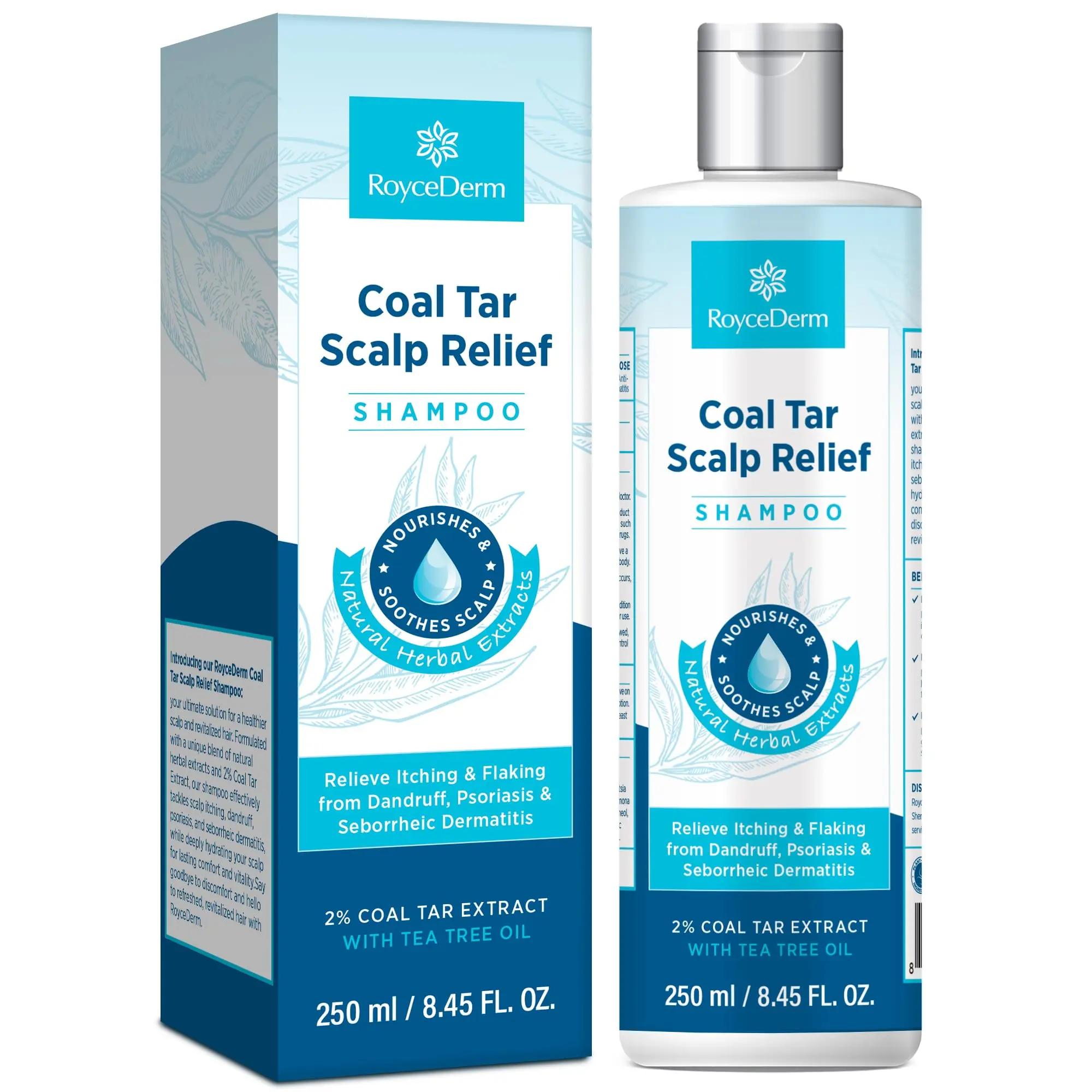 Roycederm Coal Tar Shampoo and Conditioner - Natural Tea Tree & Herbal Peppermint Selfcare Haircare, Gentle Hydrating Cleanser for Dandruff, Folliculitis & Seborrheic Dermatitis Scalp Relief