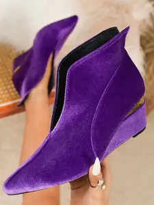 Women's Velvet Pointed Toe Wedge Boots, Split V-Neck Design, Comfortable Casual Fashion Shoes for Fall & Winter, Casual Warm Boots, Western Ankle Boots