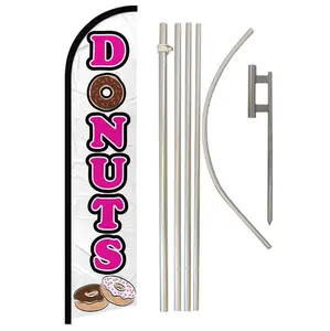 Windless Banner Flag & Aluminium-Steel Pole Complete Kit, 11.5x2.5 ft White Donuts Advertising Polyester Backdrop for Home & Festive Party Supplies