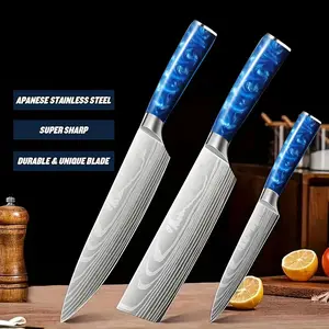 9pcs Professional Knife Set Multi-purpose Knife Ultra Sharp Blue Resin Handle Professional Chef Santoku Cleaver Kitchen Daisy Pattern Multi-Purpose Cutting Knife Portable Dragon and Phoenix Chef Knife Damascus Steel Multifunctional Knife