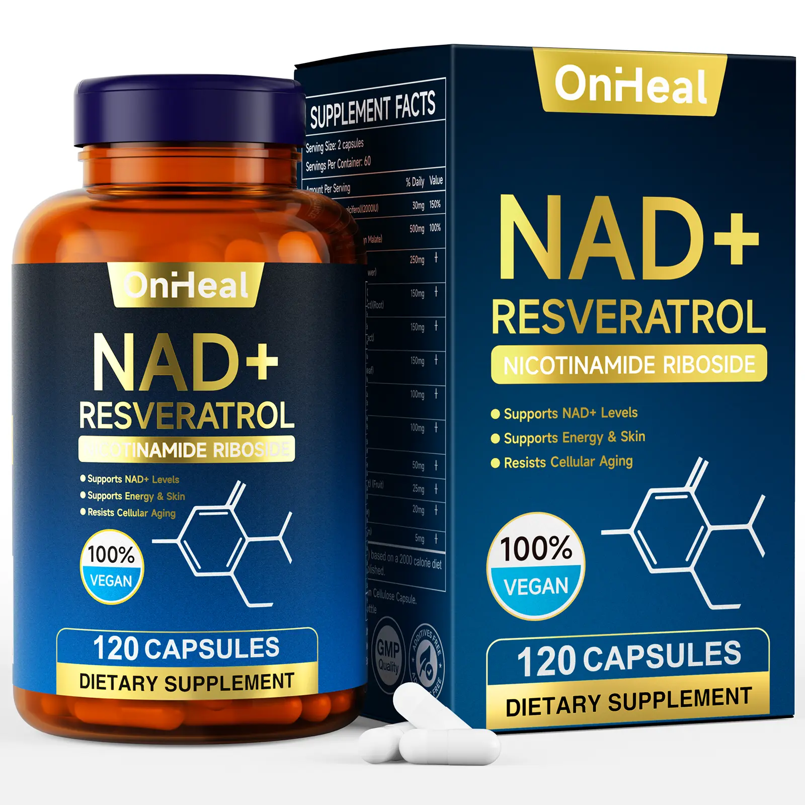 OnHeal Edible NAD Resveratrol Dietary Supplement - 120 Vegan Capsules, Boosts Energy & Skin Health, Fights Cellular Aging, Supports NAD+ Levels & Mitochondrial Health, Natural Father's Day Gift Fitness Vitamins, Vitamin, Body Health