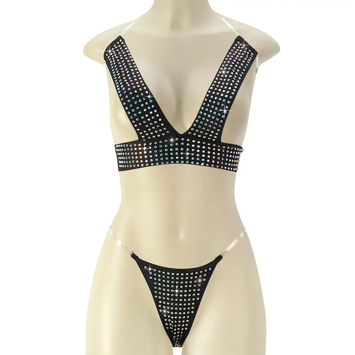 Pleaser Raven-04RS Women's Rhinestone Two-Piece Dance Set Black