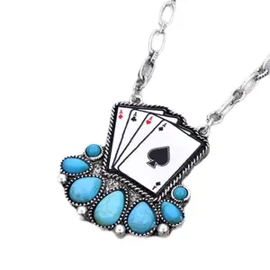 Western Ace Card Necklace with Turquoise Accents 18-inch Chain Adjustable Length Lobster Claw Closure Secure Wear Versatile Accessory