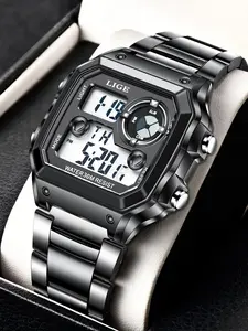 1 Piece Men's Digital Water Resistant Wristwatch With Stainless Steel Band With Box For Daily, Business, Work