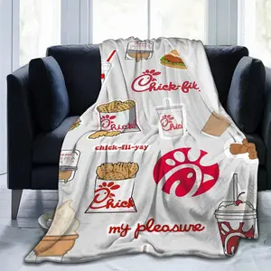 Chick-fil-A Themed Ultra-Soft Flannel Throw Blanket - 280GSM All-Season Use Blanket with Iconic Food Illustrations, Ideal for Home or Travel, Perfect Gift for Popular Restaurant Fans, Playful Decorative Textile Accessory