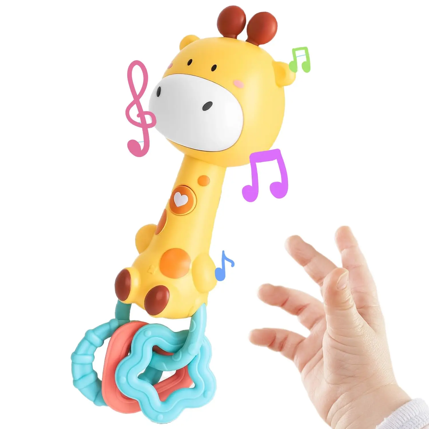 Giraffe Shape Baby Musical Rattle Teething Stick - Unisex, Shake-Activated Music, Volume Slider, Smooth Plastic, Soft Chewable Parts, Light-Up Sensory Toy for 6+ Months Infants (Batteries Not Included)