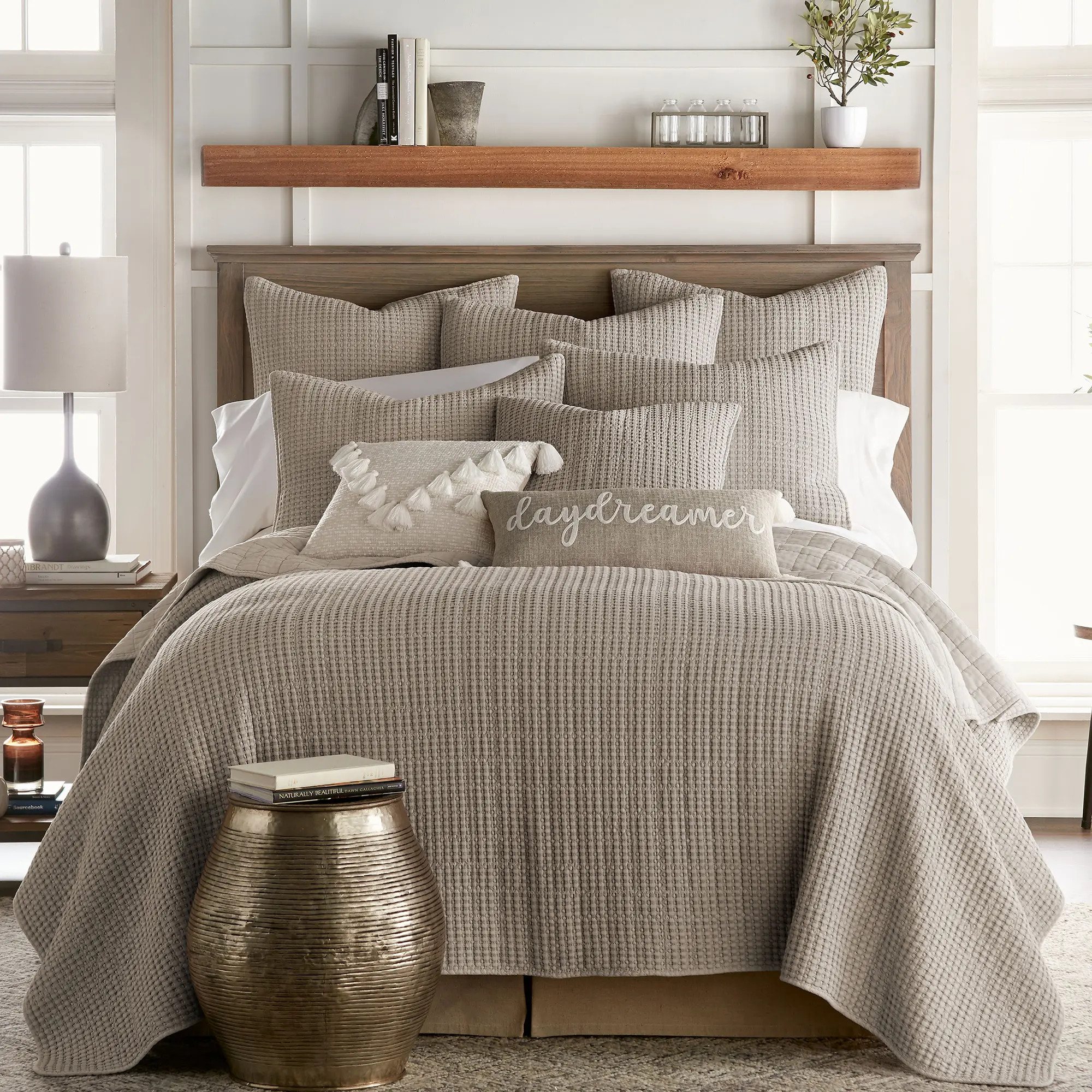 Levtex Home Classic Traditional Mills Waffle Quilt Set Bedding - Full/Queen Soft Textured Taupe Cotton Set - Quilt (88x92in), Shams (26x20in, 2pcs), Textured Bedding Set