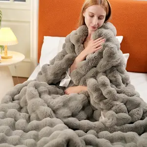 Warm and comfortable faux rabbit fur blanket, soft and warm sofa throw blanket, office nap blanket, camping and travel blanket, all-season bubble blanket, multi-functional gift blanket