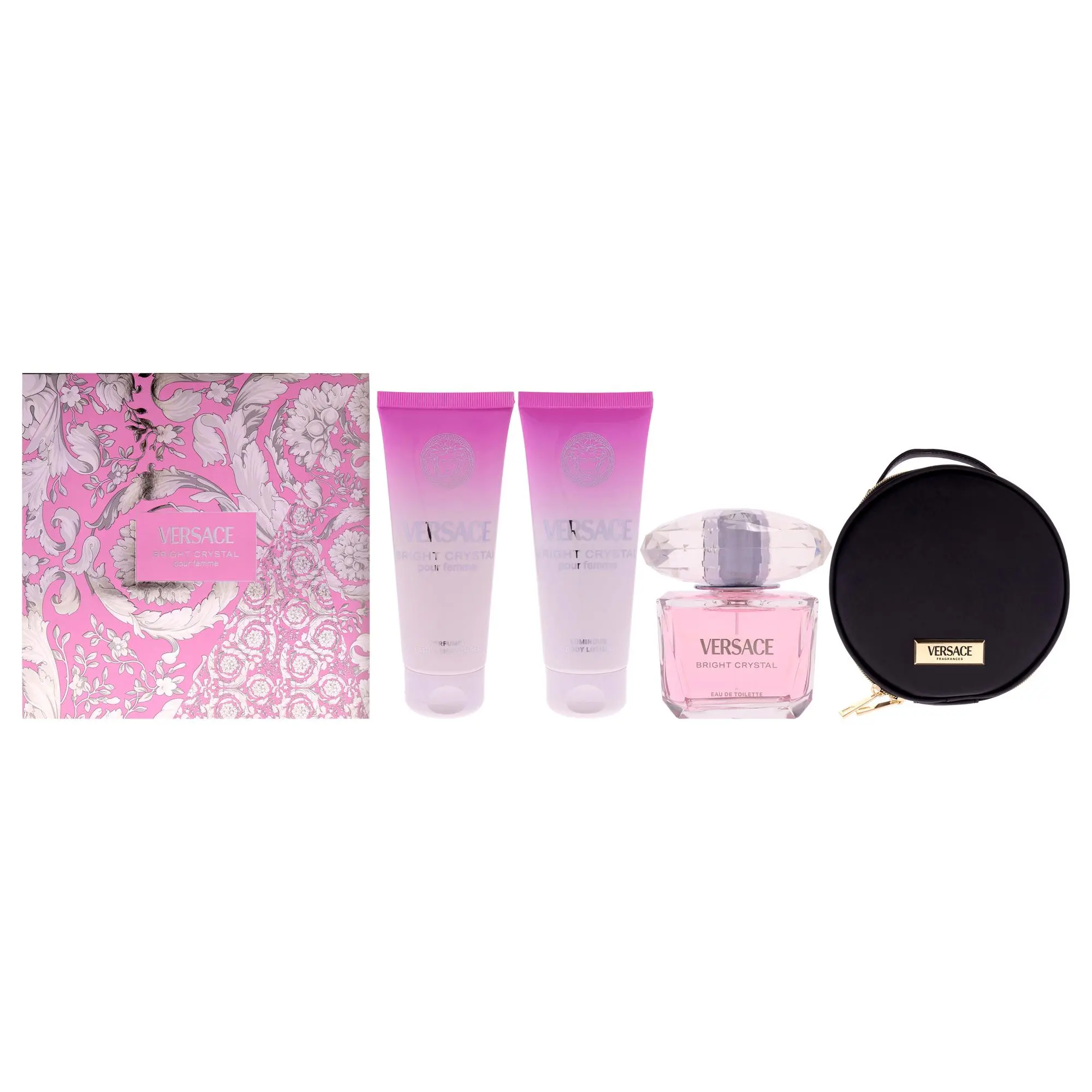 Versace Bright Crystal by Versace for Women - 4 Pc Gift Set 3oz EDT Spray, 3.4oz Body Lotion, 3.4oz Shower Gel, Round Make Up Case, Body Care, Cosmetic