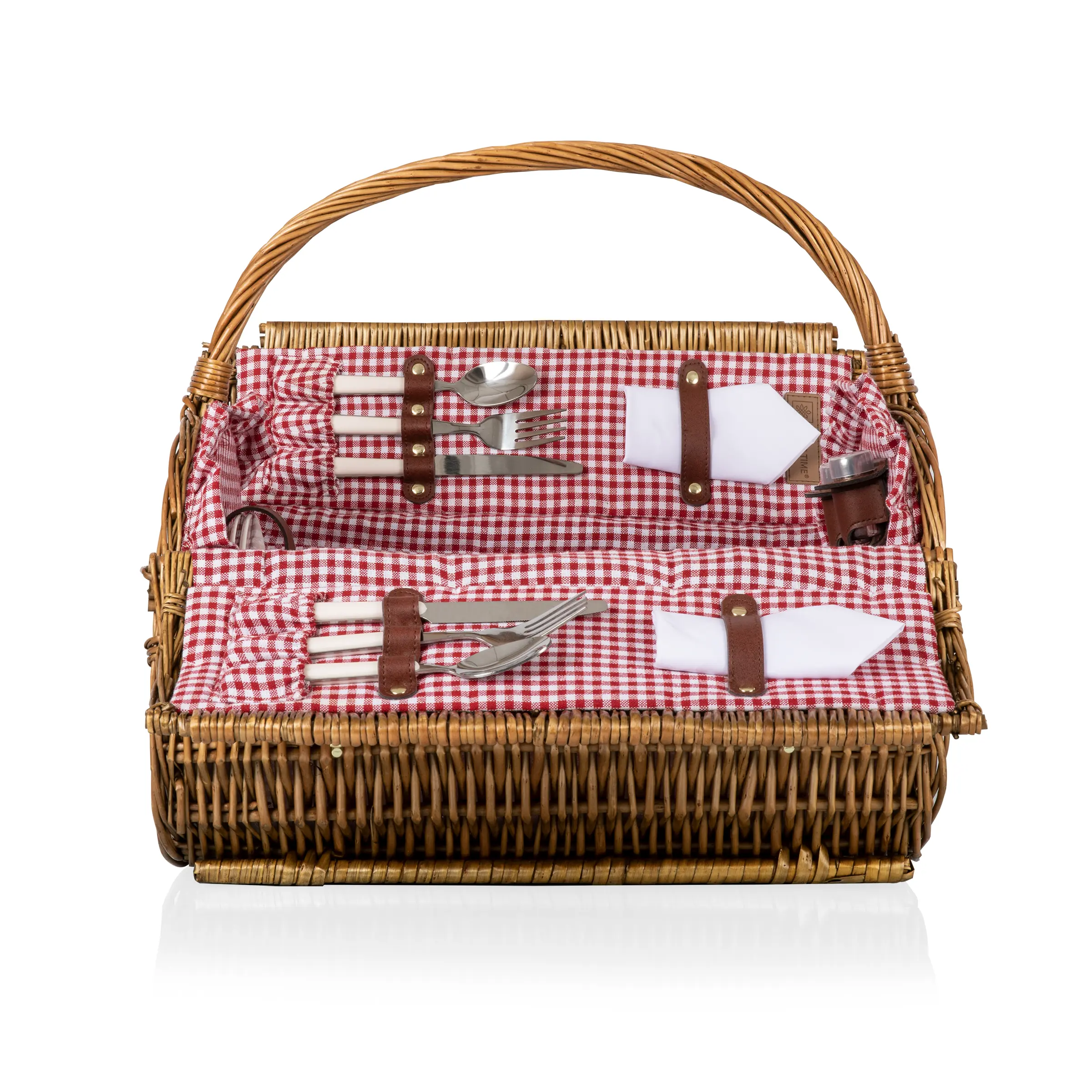 Red & White Gingham Pattern Barrel Picnic Basket - Outdoor Picnic Set for Camping & Hiking