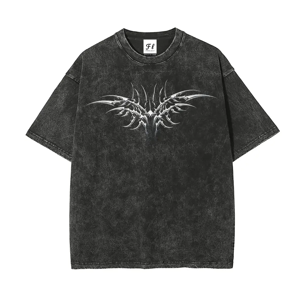 Men's Acid Wash Vintage Grey Heavyweight Cotton T-Shirt - Oversized, Printed Y2K Cyber Sigilism, Tribal Chrome Graphic, Gothic Grunge Streetwear Top (Printed Design - Not Textured)