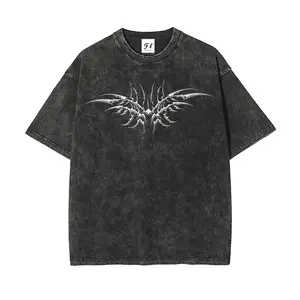 Men's Acid Wash Vintage Grey Heavyweight Cotton T-Shirt - Oversized, Printed Y2K Cyber Sigilism, Tribal Chrome Graphic, Gothic Grunge Streetwear Top (Printed Design - Not Textured)