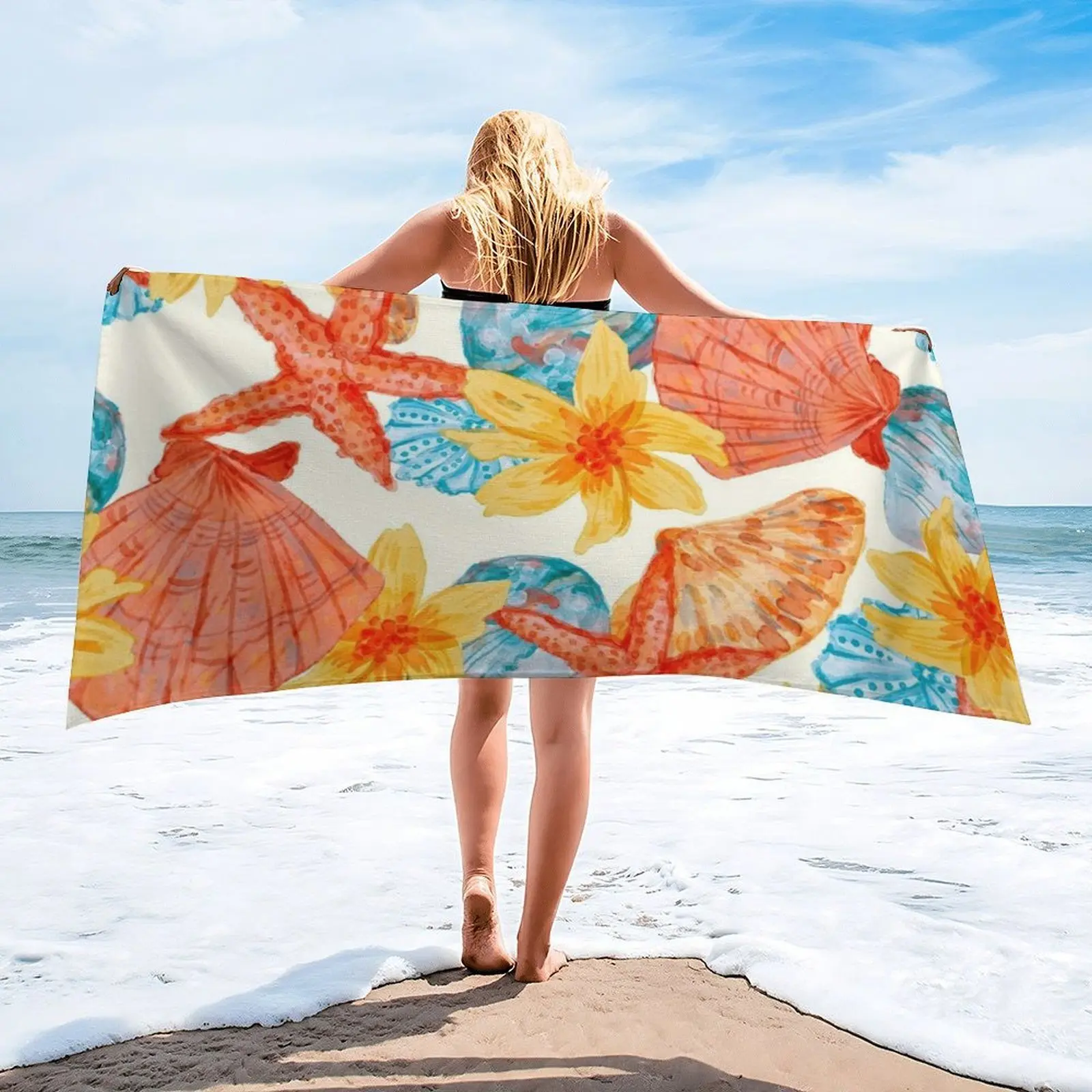 Microfiber Beach Towel for Adults - 31x61 Inch Sand Free Oversized Towel, Quick Dry & Super Absorbent Travel Towel, Orange Seashell & Starfish Nautical Print Lightweight Large Bath Towel for Swimming, Pool, Gym, Yoga, Camping, Cruise Essentials
