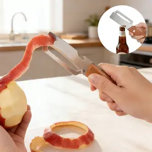 2-in-1 Stainless Steel Fruit & Veggie Peeler with Bottle Opener, Wooden Handle Non-Slip Ergonomic Grip, Sharp Durable Peeler for Kitchen Vegetable Fruit Peeling