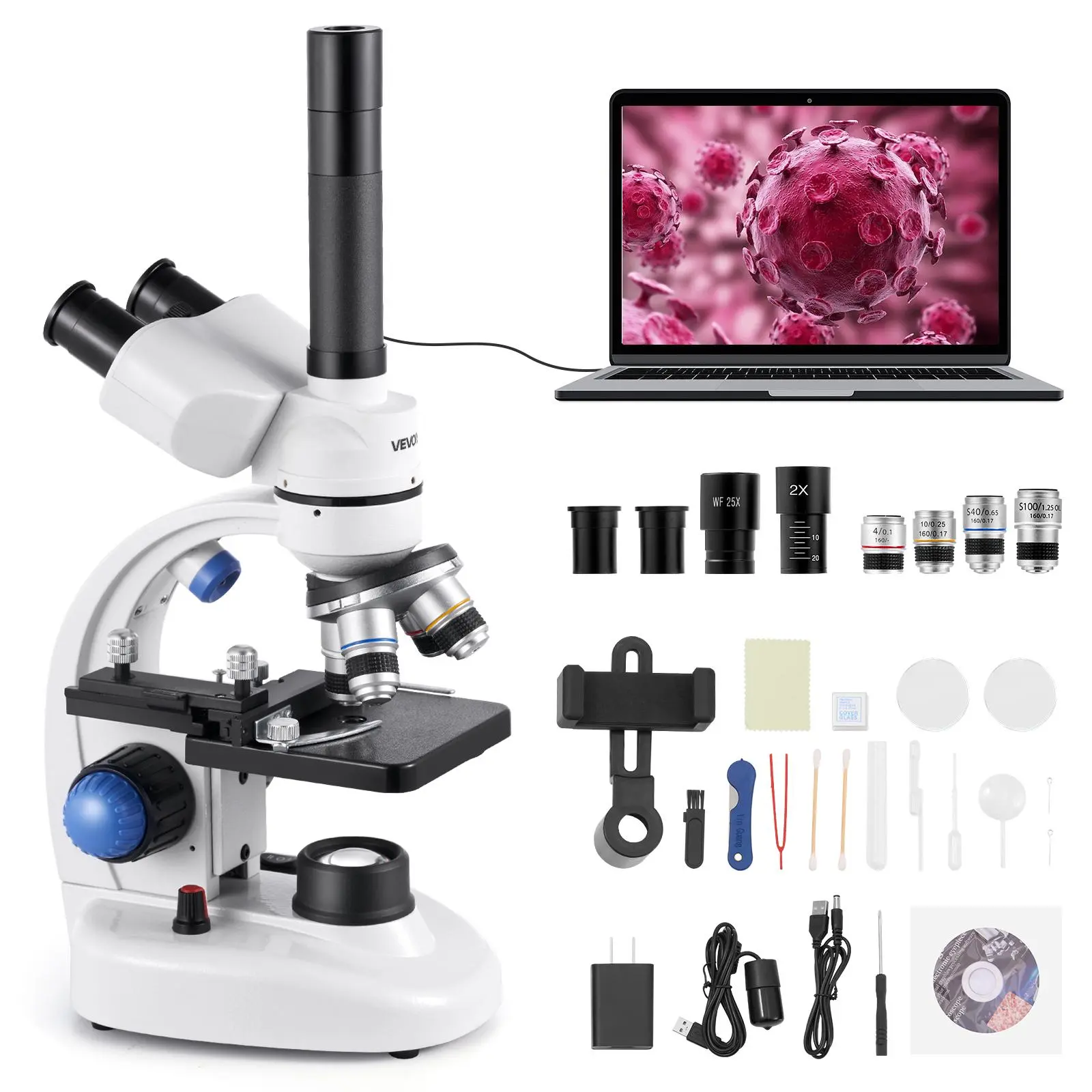 【BackToSchool】VEVOR Trinocular Microscope, 40-5000X Magnification, Professional Compound Microscope for Adult with Phone Adapter, LED Light, Aluminum Alloy Body, for Lab, School, Home, Education, Adapter Kit Microscopes
