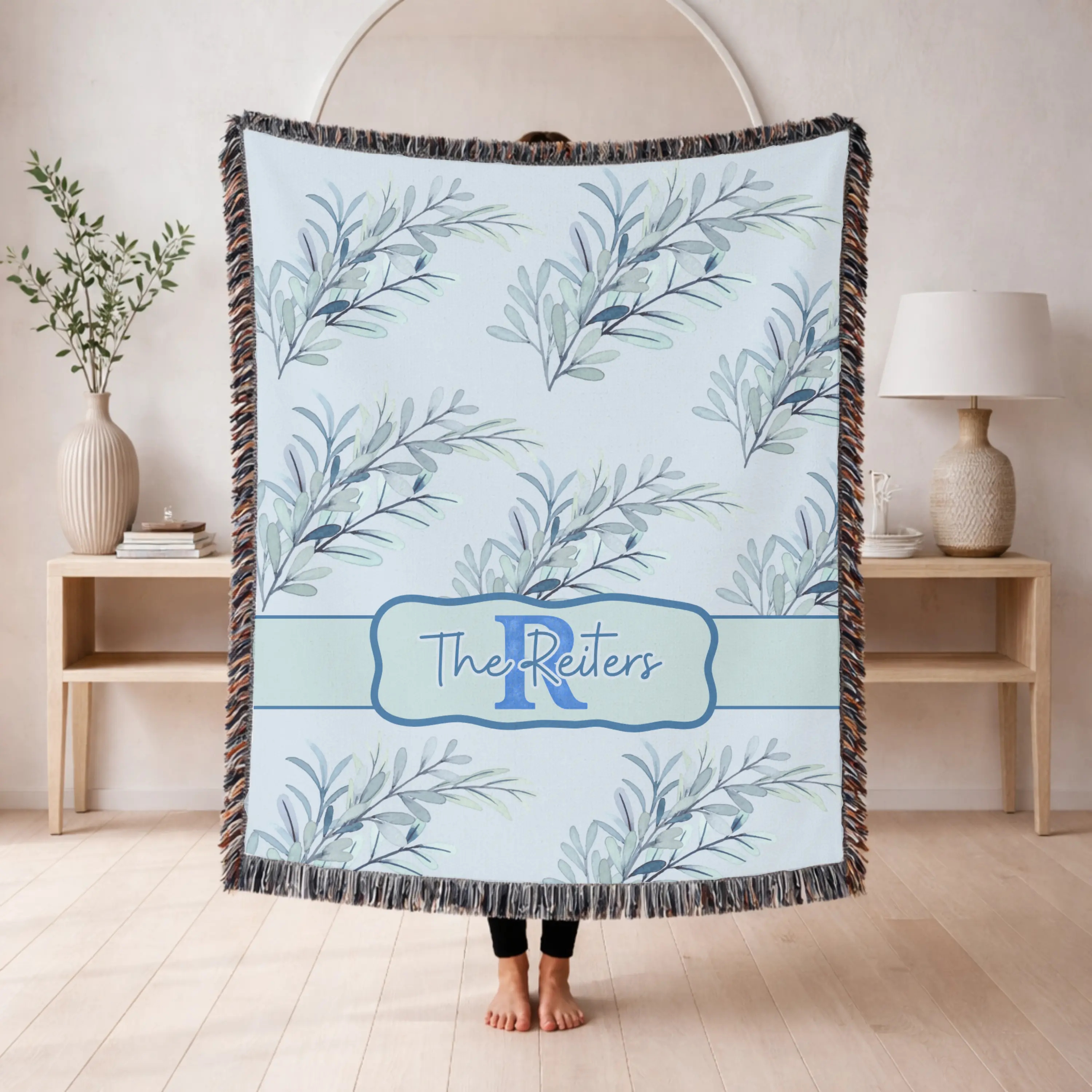 Personalized Blue Botanical Woven Blanket, Custom Family Name Throw, Cozy Housewarming Gift, Cottagecore Home Decor
