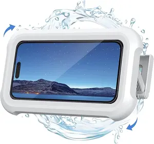Waterproof Phone Mount for Showers and Bathrooms—360° smooth rotation, anti-fog protective case, responsive full HD touchscreen, comes with 4 tool-free adhesive wall mounts, compatible with 4–7-inch iPhones, Samsung, and other adjustable smartphones