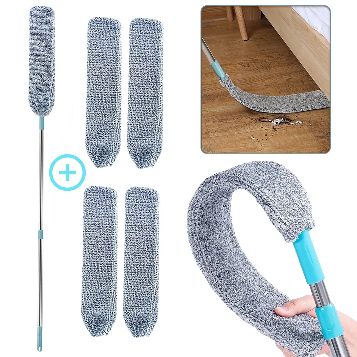 Dust Brush + 4 Replacement Cloth Crevice Cleaning Brushes, Extendable Dust Cleaner, Curved Feather Head, Furniture Roof Gap Cleaner, Duster Brush, Ceiling Duster, Duster Set, Household Items, Dusters for Cleaning, Extendable Handle Duster