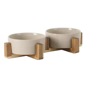 Gibson Home Zoomie Bites Ceramic Dog and Cat Bowl with Acacia Wood Stand Non-Slip Matte Glaze Weighted Food Water Set for Cats & Small/Medium Sized Dogs, 5.5" Bowls