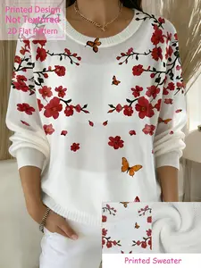 Women's Plum Branch National Style Print Long Sleeve Knit Sweater, Casual Daily Wear, Versatile Top for Home and Outdoors