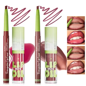 2pcs4color Lip Combo-Lip liner + Lip gloss,Hydrating Tinted Lip Oil + Lip Liner Pencil Combo Sets, Moisturizing Lip Kit with Lip Liner and Big Brush Head Gloss for Women, Plumping Smooth Lip Care Long-Lasting Liquid Lipstick Pack