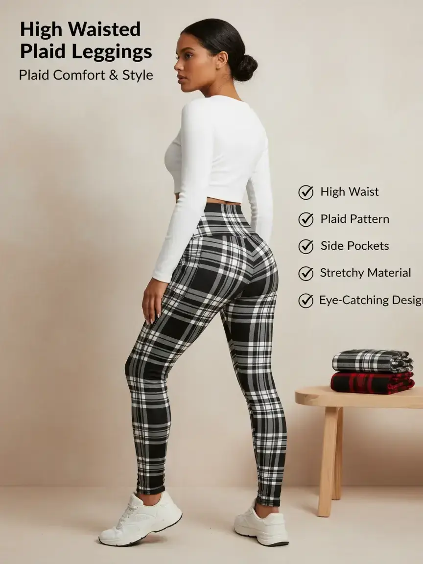 Women's High Waisted Plaid Leggings with Side Pockets Stretchy Soft Casual Workout Pants for Womenswear Bottom Eyes-catching Eye-catching Design sohochic