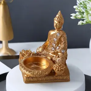 Elegant Golden Buddha Statue Incense Burner with Diamond Decoration Lotus Pattern Resin Material Square Base No Electricity Required Zen Home Living Room and Entryway Accents MU4713750