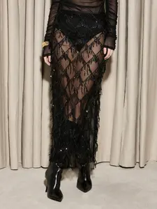 Fashion Style Sexy Elegance Half-Transparent Mesh Fringe Sequins Women's Split Midi Skirt, High Waist Fitted Design, All Seasons Wear