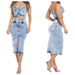 Colombian Skirt and Top Set LU-1241 - Denim Style Midi Skirt with Matching Crop Top for Women's Fashion