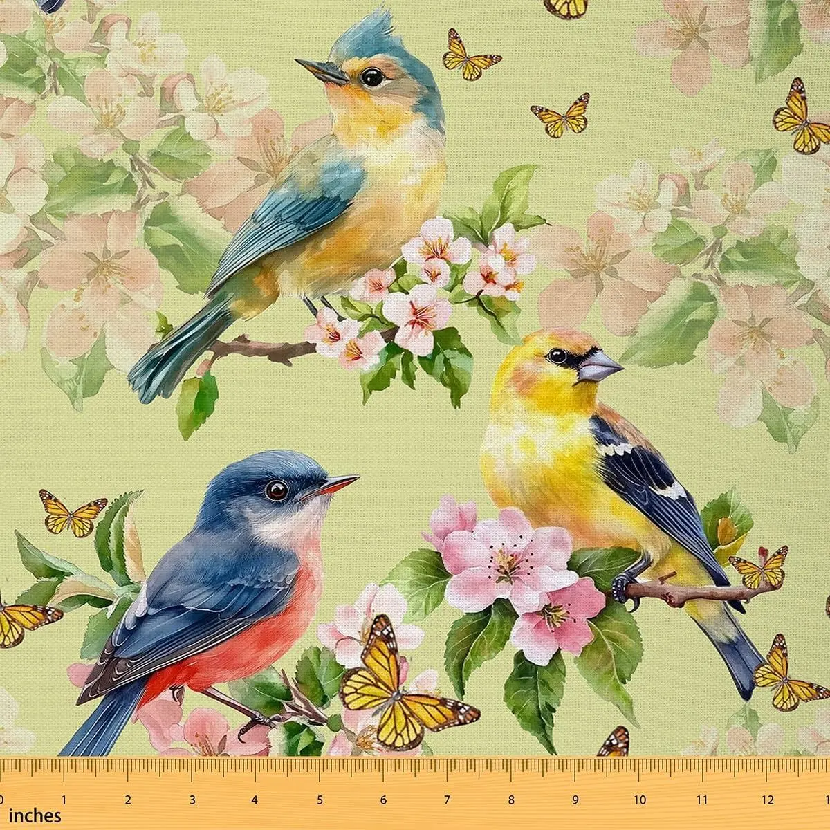 Cute Birds Fabric Colorful Wild Animal Watercolor Flowers No Stretch Sewing Fabric Outdoor Buttefly Rustic Garden Soft Flannel Polyester Fabric Home DIY Projects Pre-Cut
