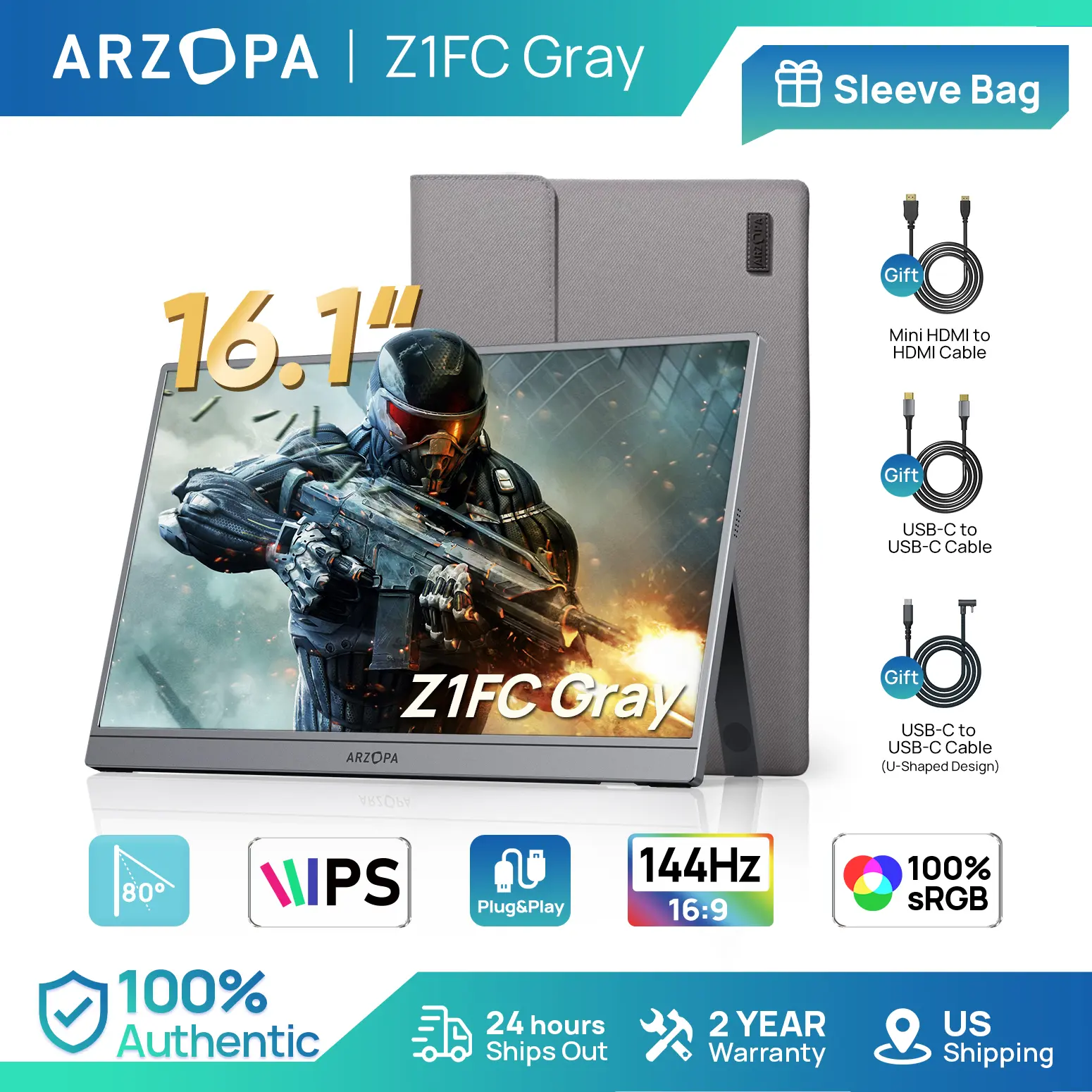 ARZOPA Z1FC 16.1" 144Hz | Gray Portable Gaming Monitor | 100% sRGB | 1080P FHD Ultra Slim | External Second Screen | Portable Monitor Display | for PS5 Xbox Switch Laptop PC Mac