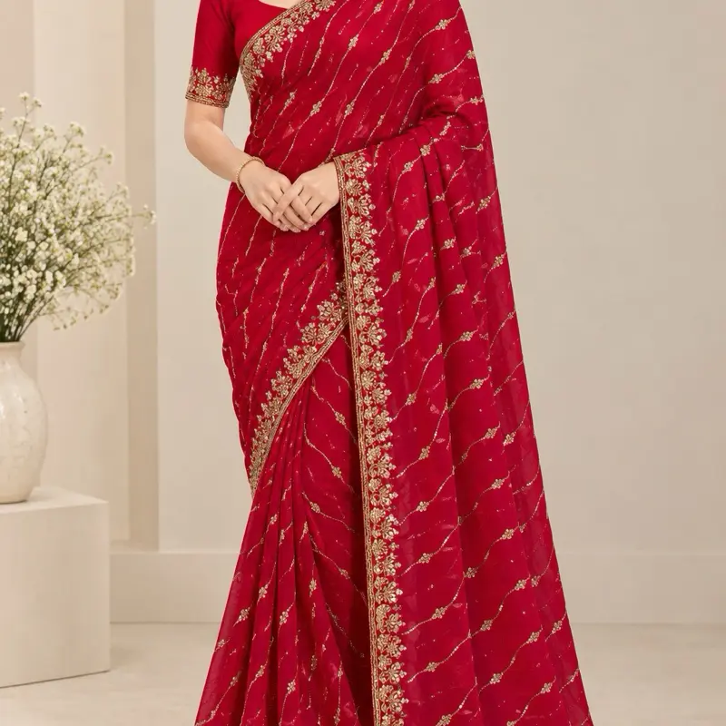 Women's Premium Beading Detail Sarees - Seamless Ethnic Outfits with Standard Stitched Blouse, Casual Ethnic Clothes for Ready-to-Wear Complete Look Outfit Outfit