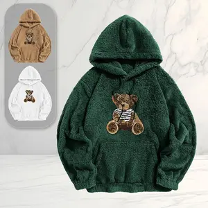 Hooded bear wool jacket, made of Arctic velvet fabric with 3D bear embroidery, perfect for students to wear in autumn and winter, and versatile for school and shopping leisure