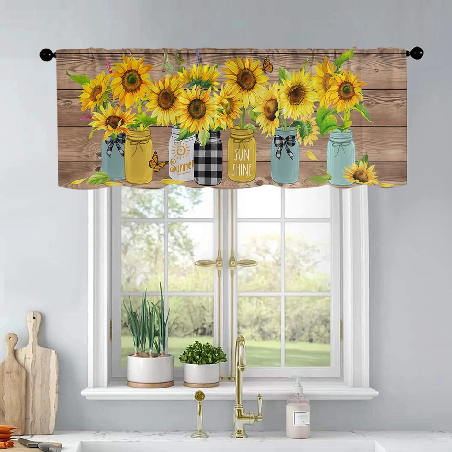 1pc Sunflower wood grain background kitchen curtains living room bedroom bathroom home decoration 54 * 18 inches Window Curtain Window Hanging Curtain Home Decorative Curtain for Windows