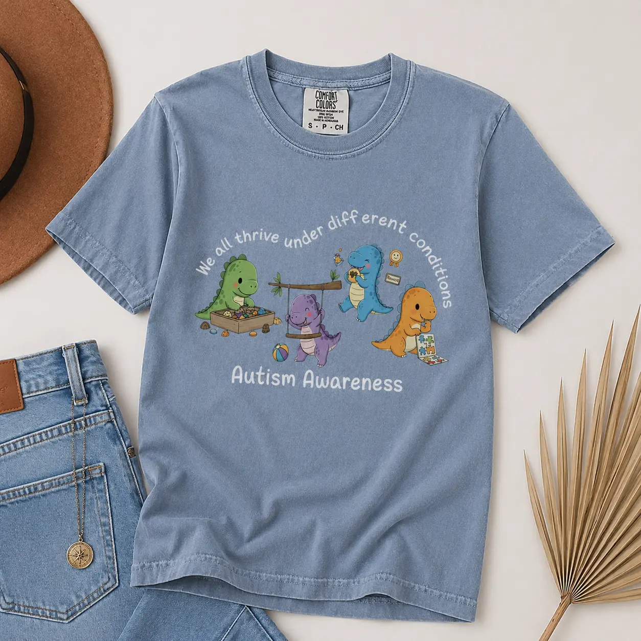 Neurodiversity Inclusion Graphic T-Shirt, Women's Vintage Dinosaur Short Sleeve Streetwear Tee, Casual Soft Cotton SPED Teacher Gift, Shortsleeve, Everyday, Printed, Round Neck, Tshirt, Top, Cute Holiday, Teacher Shirts