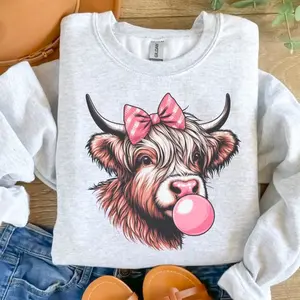 Bubblegum Highland Cow Sweatshirt - Ash Grey - Sublimation - Unisex Sizing - Cow
