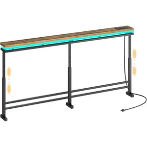70.9" Behind Couch Table with LED Lights, Narrow Console Table with Adjustable Height (27.6"-35.4"), 5.9" Wide Sofa Tables Narrow Long with USB-C Ports, Sofa Side Table, Rustic Brown CT26UDBR