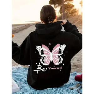 Women's Casual Butterfly Print Hoodie with Kangaroo Pocket - Long Sleeve, Drawstring Pullover, Machine Washable - Perfect for Fall/Winter - Women - Perfect for casual wear, leisure, and outdoor activities