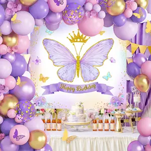 100pcs,Crown Butterfly Background Cloth Balloon Garland Arch Kit Set,Pink Purple Butterfly Party Backdrop Balloon Chain,Happy Birthday Party Decoration,1st Birthday Party Supplies,Party Packs