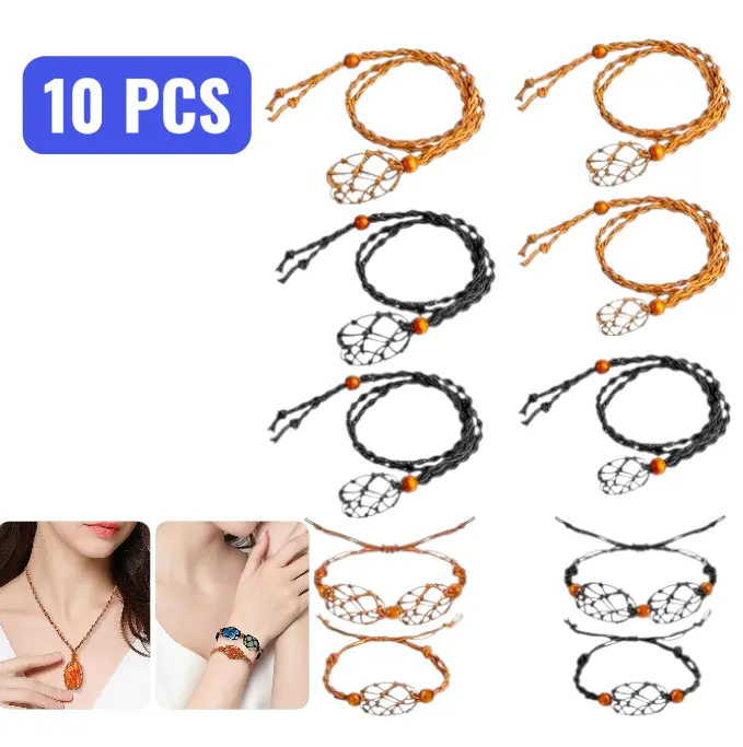 10 Pcs Boho Woven Cord Crystal Cage Necklace and Bracelet Holder Set - Vintage Handmade Double-Knotted Chains,3 Sizes Cage Fish Netted for DIY jewelry Making