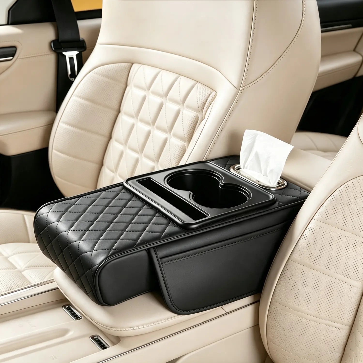 4 in 1 Car Armrest Console Cushion Height Extender Pad, PU Leather Quilted Arm Rest Storage Box with Cup Holders Tissue Box Side Pockets, Comfort Elbow Support Car Interior Organizer Fit All Top-Hinged Car Center Armrests