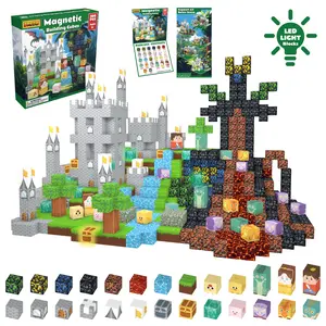 Dinosaur Castle My Magnetic World Building Blocks, Magnetic Cubes, 100-piece and 200-piece packs, dinosaur elements, STEM Montessori sensory toy, some blocks light up, suitable for children, Valentine's Day gift, outdoor fun magnetic building blocks